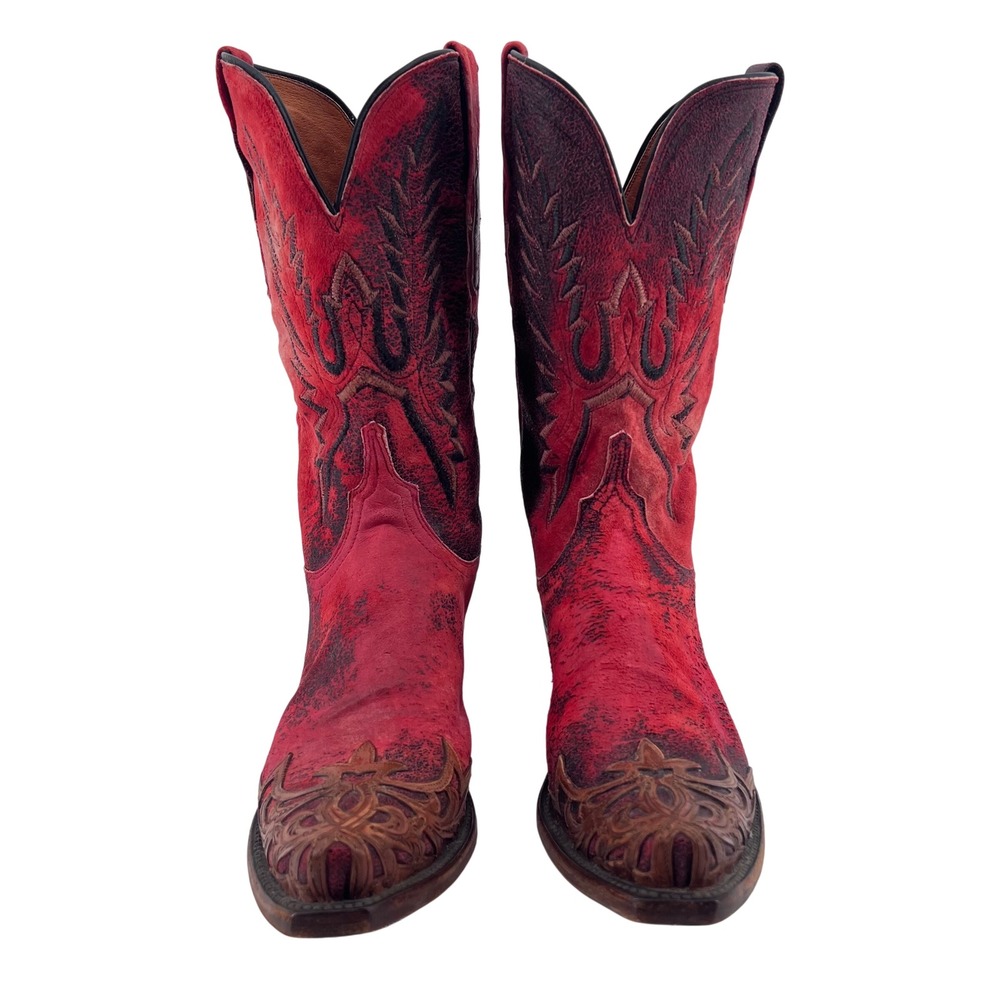 Lucchese 1883 Womens Red Distressed Leather Filigree Snip Toe Western Boots 10 B